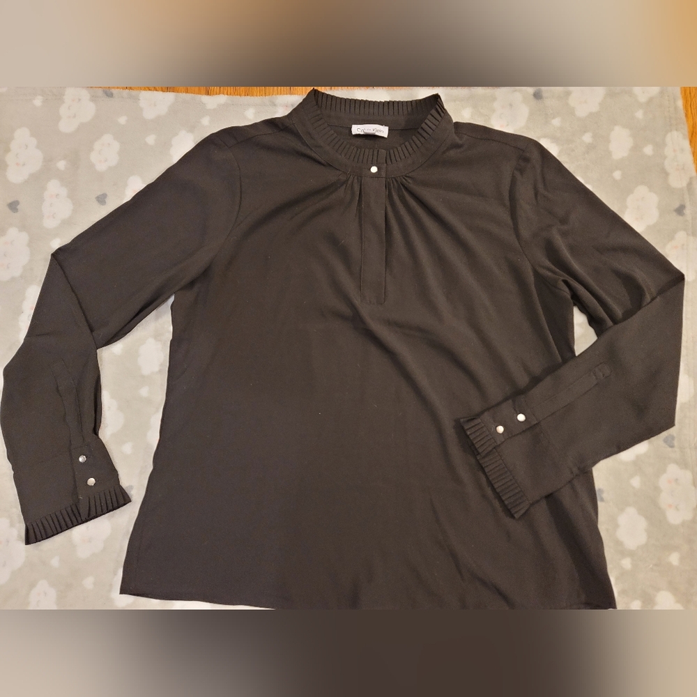 Calvin Klein Black Pleated Collar Long Sleeve Blouse